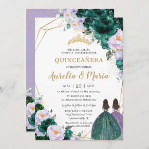 Quinceañera Emerald Green Lilac Floral Roses Twins Invitation