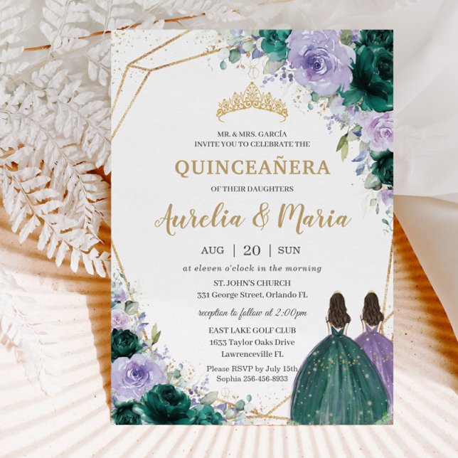 Quinceañera Emerald Green Lilac Floral Twins Invitation (Creator Uploaded)