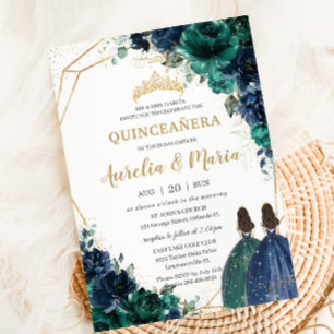 Quinceañera Emerald Green Navy Blue Floral Twins Invitation