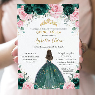 Quinceañera Emerald Green Pink Floral Princess Invitation