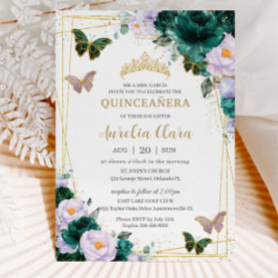 Quinceañera Emerald Green Purple Floral Butterfly Invitation