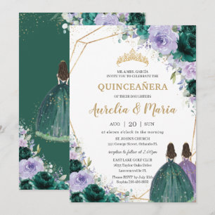 Quinceañera Emerald Green Purple Floral Twins  Invitation