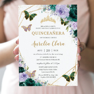 Quinceañera Emerald Green Purple Lilac Floral  Invitation