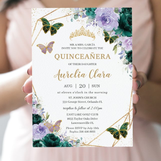 Quinceañera Emerald Green Purple Lilac Floral  Invitation (Creator Uploaded)