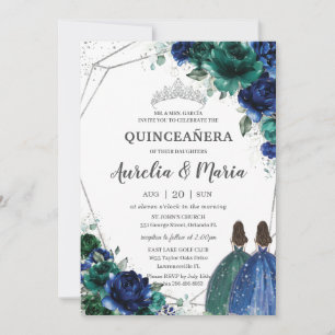 Quinceañera Emerald Green Royal Blue Floral Twins Invitation