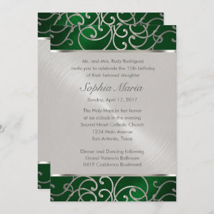 Quinceanera Emerald Green Silver Filigree Swirls Invitation