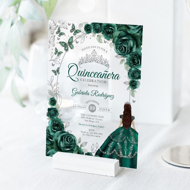 Quinceanera Emerald Green Silver Floral Acrylic Invitations (Creator Uploaded)