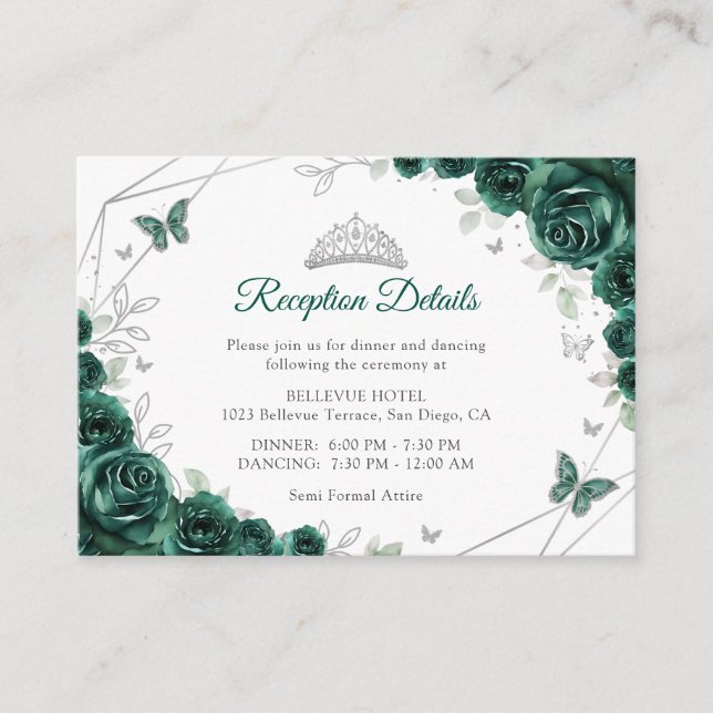 Quinceanera Emerald Green Silver Floral Details Enclosure Card (Front)