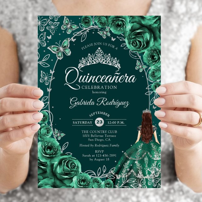 Quinceanera Emerald Green Silver Invitation (Creator Uploaded)
