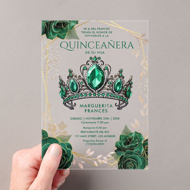Quinceañera Emerald Green Tiara Floral Spanish Acrylic Invitations (Insitu (Handheld))