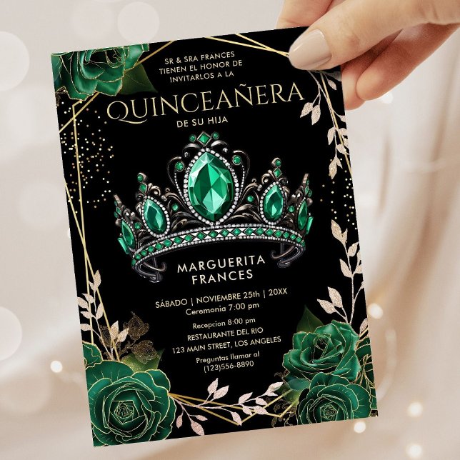Quinceañera Emerald Green Tiara Floral Spanish Invitation (Creator Uploaded)