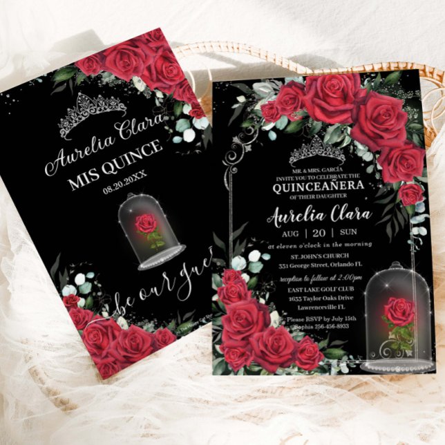 Quinceañera Enchanted Red Rose Floral Black Silver Invitation (Creator Uploaded)