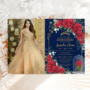 Quinceañera Enchanted Red Rose Floral Navy Blue Invitation