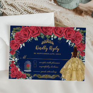 Quinceañera Enchanted Red Rose Floral Navy Blue RSVP Card