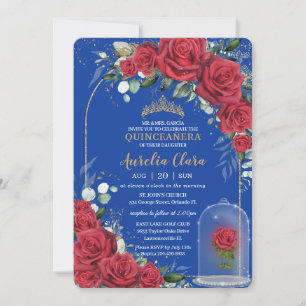 Quinceañera Enchanted Red Rose Floral Royal Blue Invitation