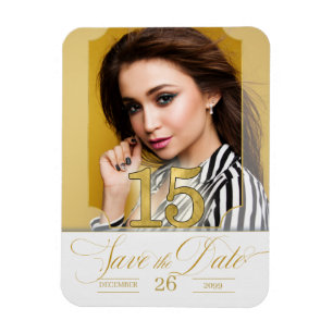 Quinceanera English Save the Date in Gold Magnet