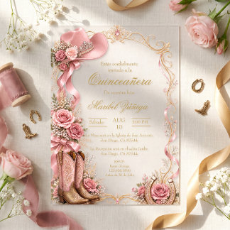 Quinceañera estilo vaquero elegante rosa y dorado acrylic invitations
