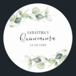 Quinceanera Eucalyptus 15th Birthday Greenery Classic Round Sticker<br><div class="desc">TIP: Matching items available in this collection. Our botanical eucalyptus birthday collection features watercolor foliage and modern typography in dark grey text. Use the "Customise it" button to further re-arrange and format the style and placement of text. Could easily be repurpose for other special events like anniversaries, baby shower, birthday...</div>
