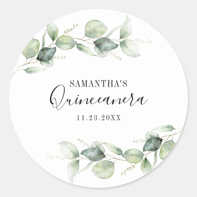 Quinceanera Eucalyptus 15th Birthday Greenery Classic Round Sticker (Front)