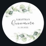 Quinceanera Eucalyptus 15th Birthday Greenery Classic Round Sticker<br><div class="desc">TIP: Matching items available in this collection. Our botanical eucalyptus birthday collection features watercolor foliage and modern typography in dark grey text. Use the "Customise it" button to further re-arrange and format the style and placement of text. Could easily be repurpose for other special events like anniversaries, baby shower, birthday...</div>