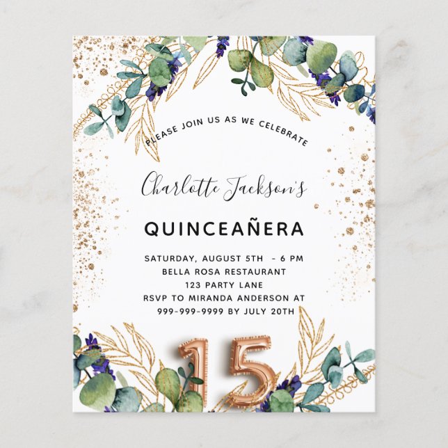Quinceanera eucalyptus greenery budget invitation flyer (Front)