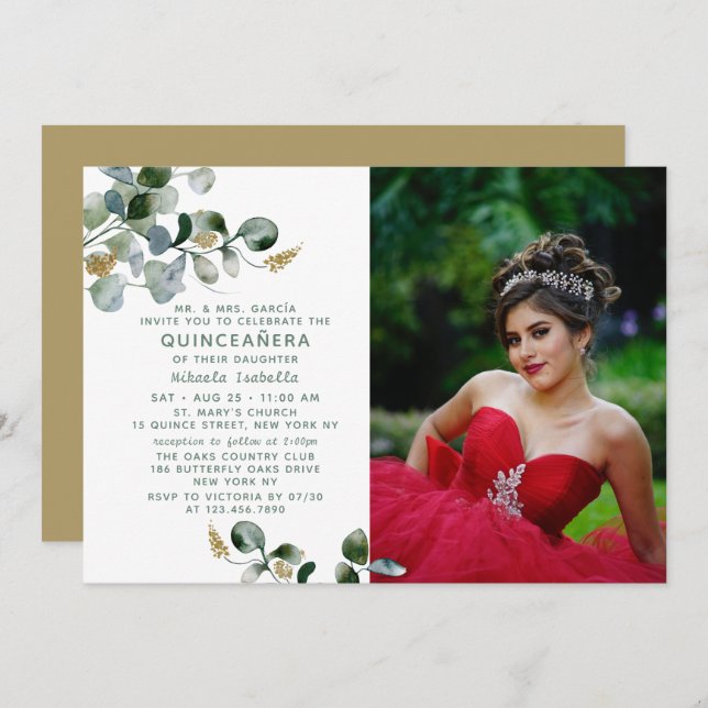 Quinceañera Eucalyptus Greenery Floral Photo Invitation (Front/Back)