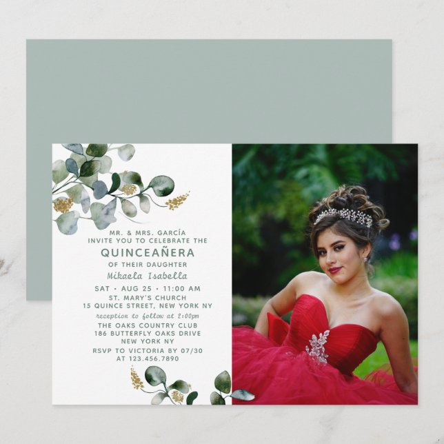 Quinceañera Eucalyptus Greenery Floral Photo Invitation (Front/Back)