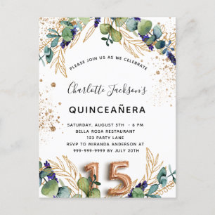 Quinceanera eucalyptus greenery glitter elegant invitation postcard