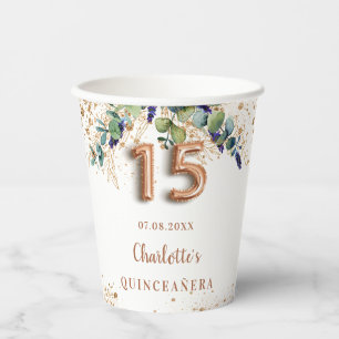 Quinceanera eucalyptus greenery rose gold name paper cups