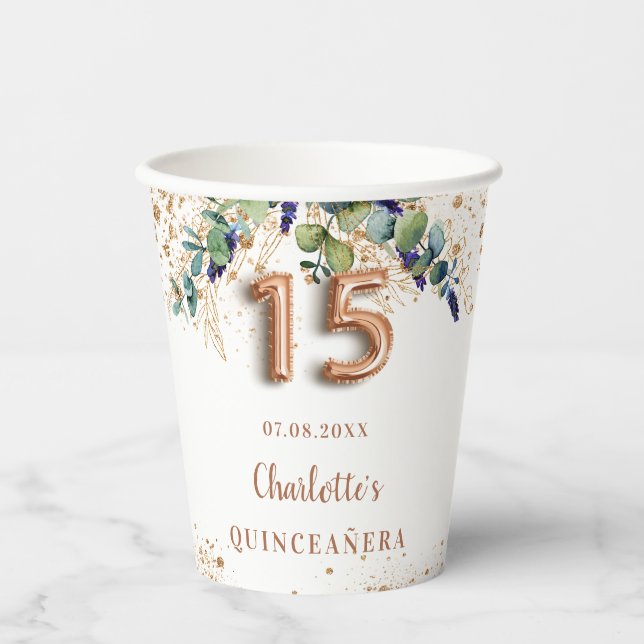 Quinceanera eucalyptus greenery rose gold name paper cups (Front)