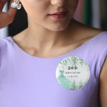 Quinceanera eucalyptus greenry woodland 3 cm round badge<br><div class="desc">A white background.  Decorated with eucalyptus greenery and woodland ferns. Personalise and add a name,  date. The name is written with a modern hand lettered style script.</div>