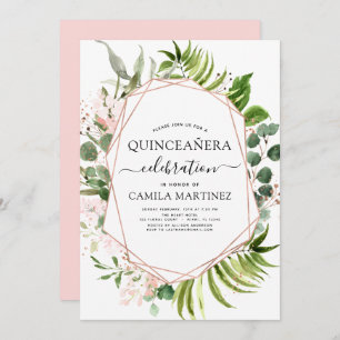 Quinceanera Eucalyptus Rose Gold Geometric Invitat Invitation
