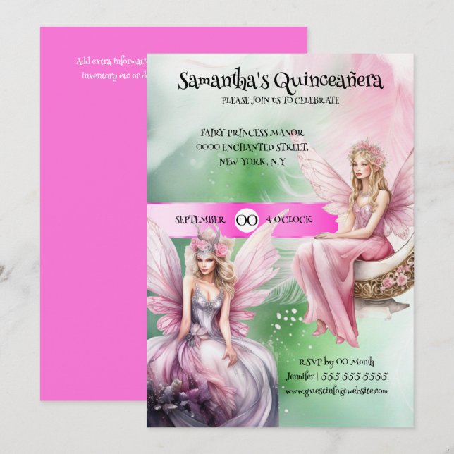 Quinceañera fairy theme pink green princess girls invitation (Front/Back)