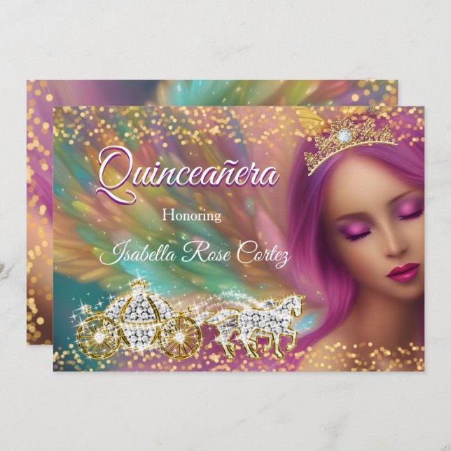 Quinceañera Fairytale Purple Pink Gold Carriage Invitation (Front/Back)
