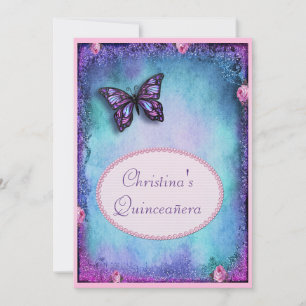 Quinceañera Faux Glitter, Butterfly, Roses & Lace Invitation