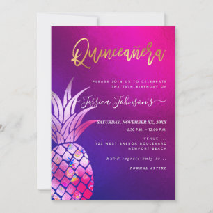 Quinceanera, Faux Gold Watercolor Pineapple Save The Date