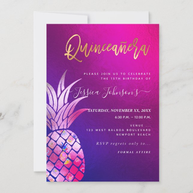 Quinceanera, Faux Gold Watercolor Pineapple Save The Date (Front)