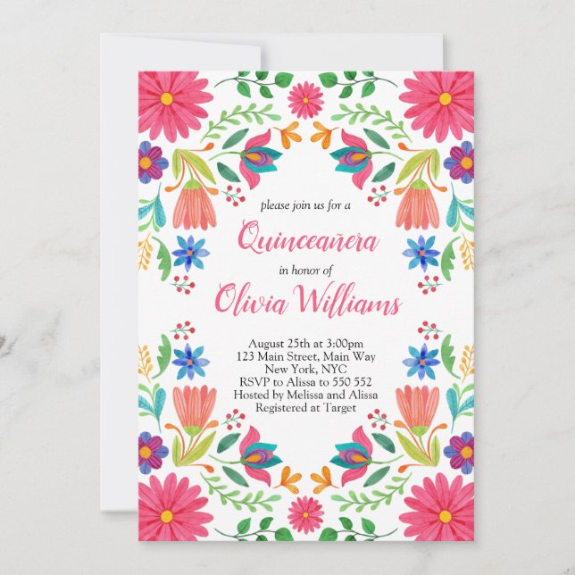 Quinceanera Fiesta Floral Mexican Pink Birthday Invitation (Front)