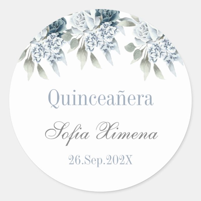 Quinceañera floral azul classic round sticker (Front)