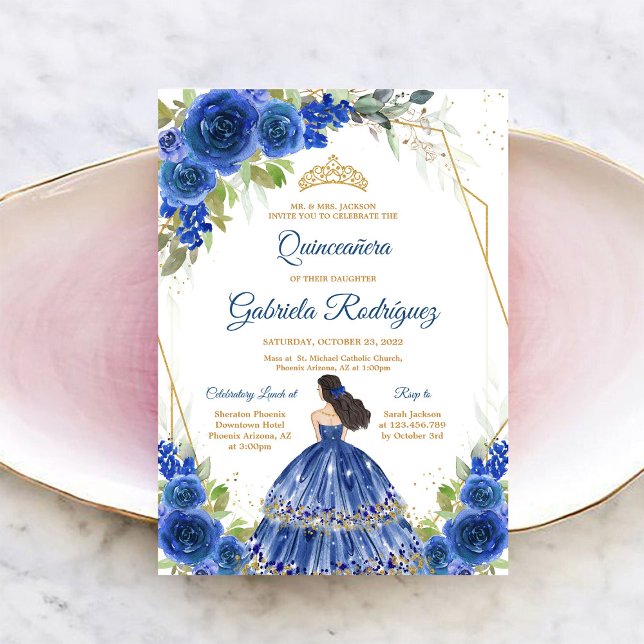 Quinceanera Floral Blue Gold Invitation (Creator Uploaded)