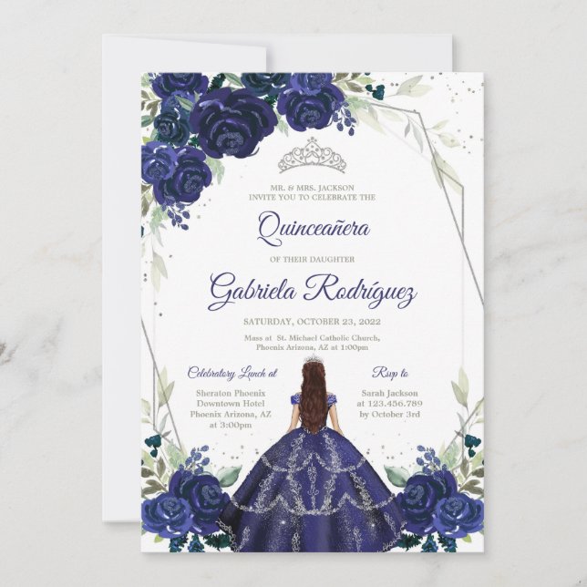 Quinceanera Floral Blue Silver Invitation (Front)