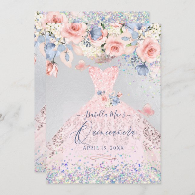 Quinceanera Floral Blush Pink Glitter Gown Invitation (Front/Back)