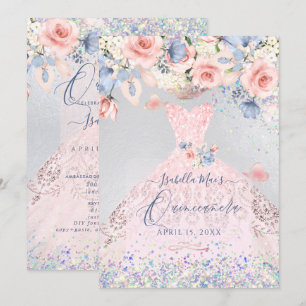 Quinceanera Floral Blush Pink Glitter Gown Invitation