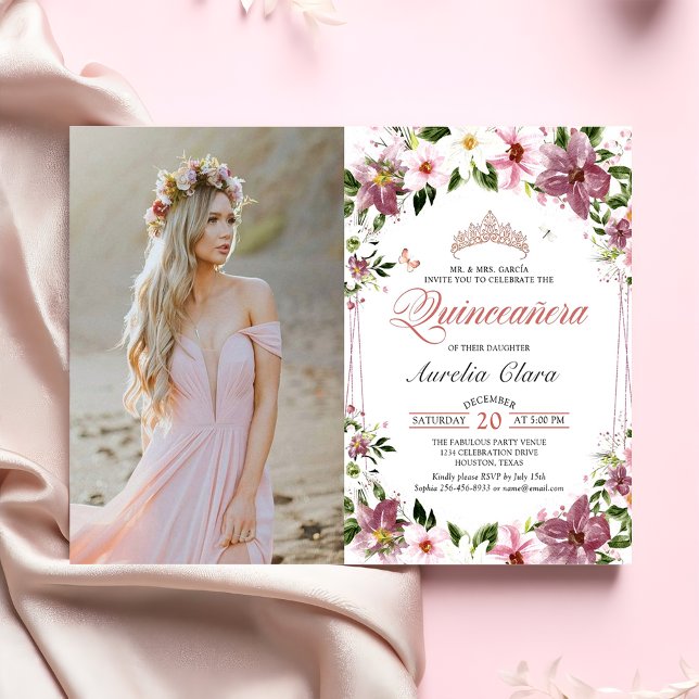 Quinceañera Floral Butterflies Birthday Photo Invitation (Creator Uploaded)