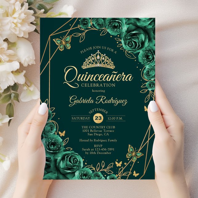 Quinceanera Floral Emerald Green Gold Invitation (Creator Uploaded)