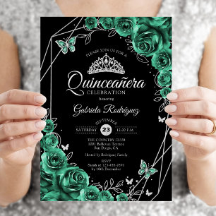 Quinceanera Floral Emerald Green Silver Black Invitation