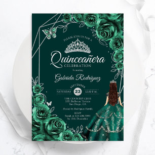 Quinceanera Floral Emerald Green Silver Dress Invitation