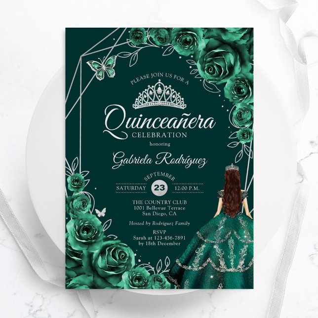Quinceanera Floral Emerald Green Silver Dress Invitation (Creator Uploaded)