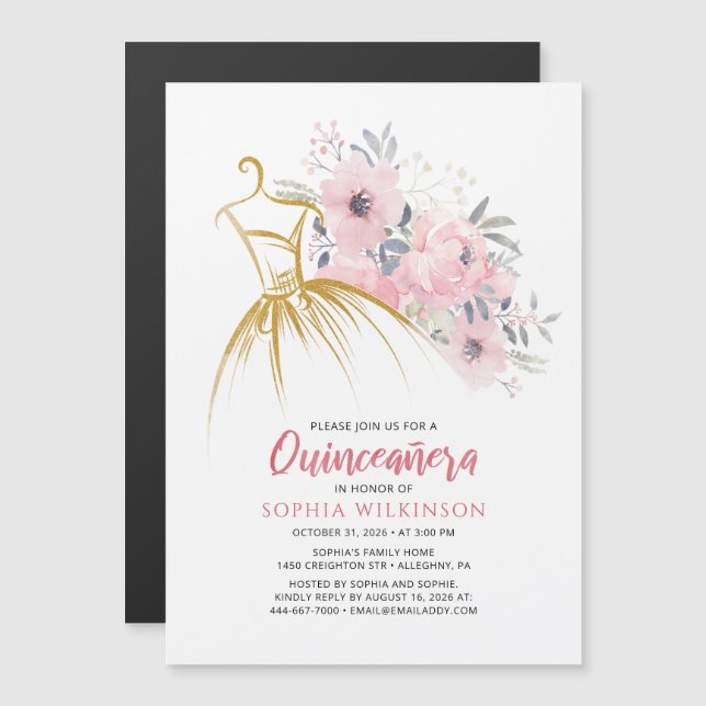 Quinceanera Floral Faux Gold Dress15th Birthday In Magnetic Invitation (Front/Back)