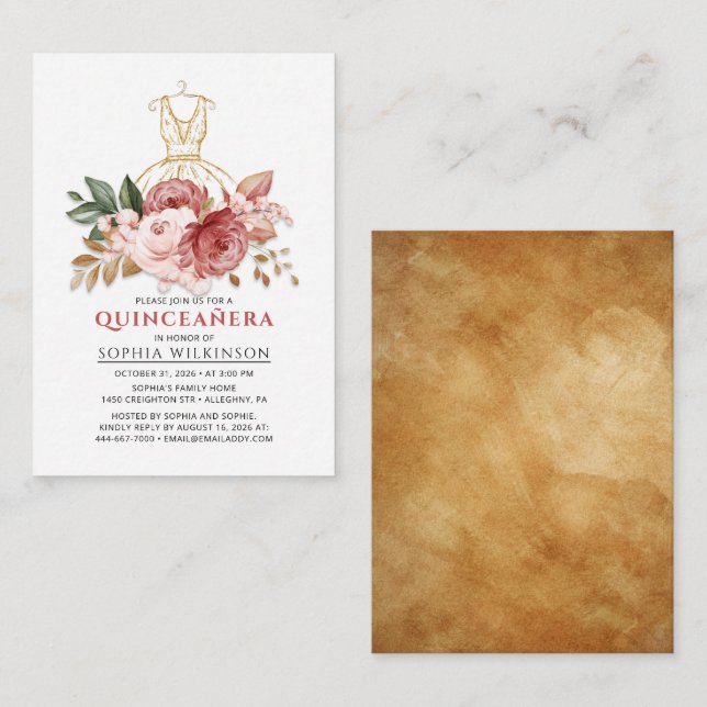Quinceanera Floral Faux Gold Dress 15th Birthday Card (Front/Back)